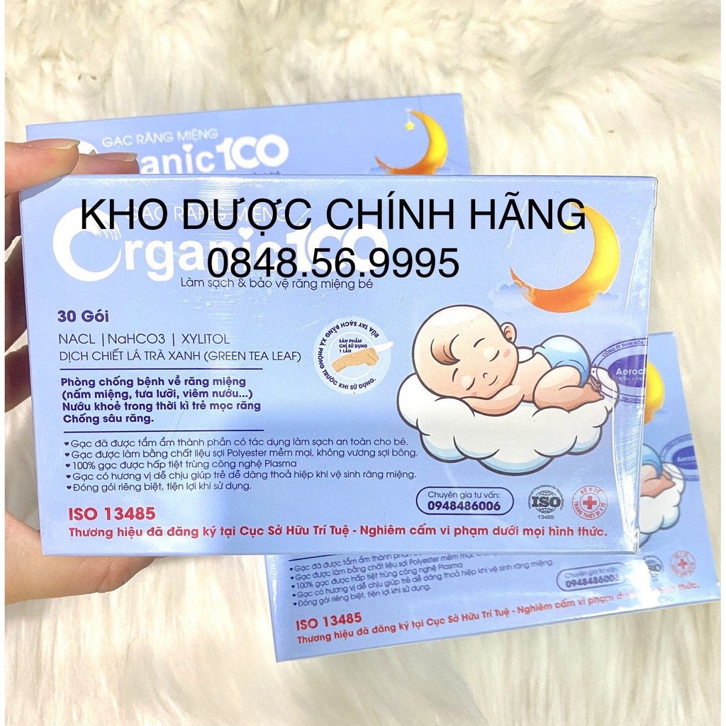 Tưa lưỡi, rơ lưỡi, GẠC RĂNG MIỆNG Organic 100 hộp 30 gói - làm sạch, bảo vệ răng miệng cho bé