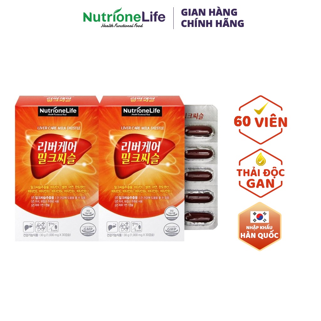 COMBO 2 Hộp Bổ Gan NUTRIONELIFE Livercare Milkthistle Mát Gan, Thải Độc, Cải Thiện Men Gan Cao Hàn Quốc 2 Hộp x 30 Viên
