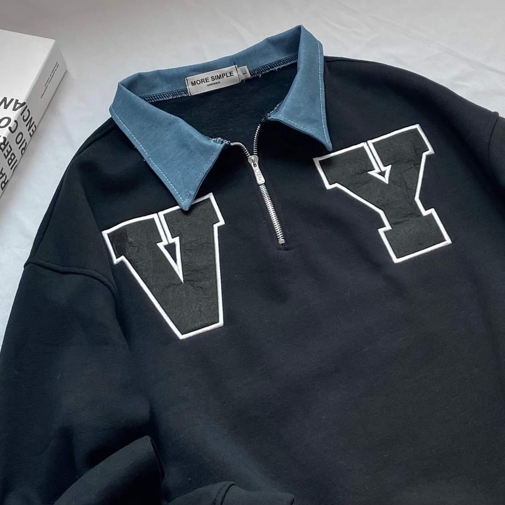 Áo Sweater Polo Phối Dây Kéo V.Y Form Rộng Vải Nỉ Lót Bông Dày Dặn Ulzzang Unisex