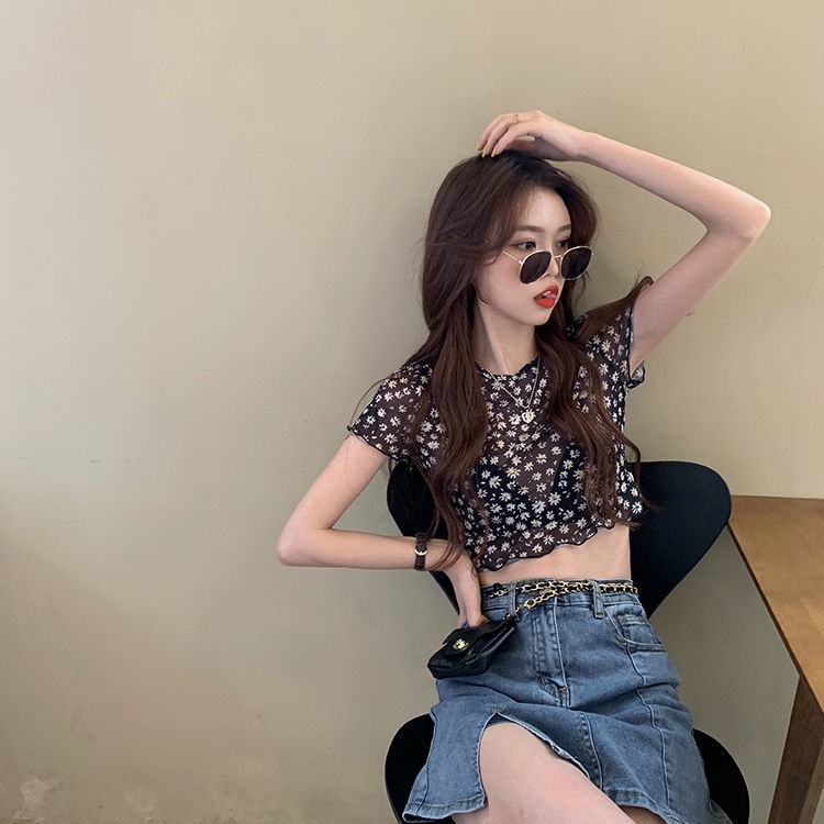 Áo Croptop Tay Ngắn Phối Lưới Trong Suốt In Hoa Thời Trang Mùa Hè Quyến Rũ Cho Nữ