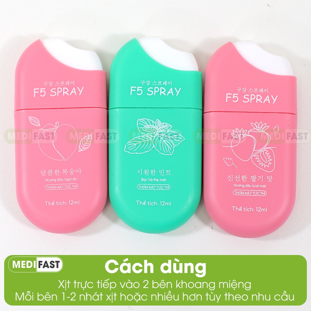 Xịt thơm miệng F5 Spray vị đào, dâu - Lọ 12ml thơm mát, làm sạch hơi thở, vệ sinh răng miệng - chiết xuất từ thảo dược