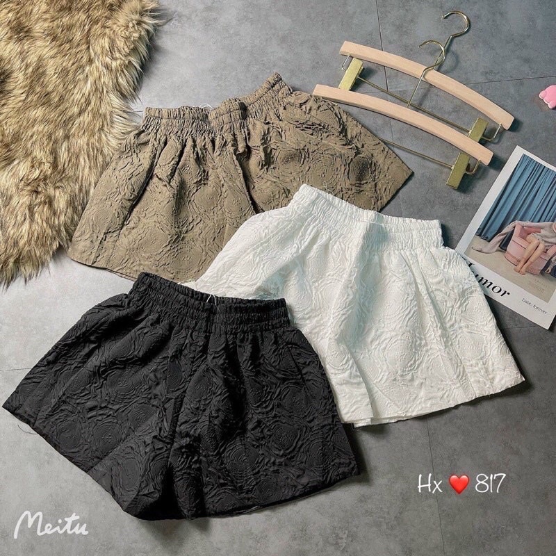Quần Sooc Phồng Xốp Hoa Dập Nổi 3D, Quần Short Đùi Nữ Cạp Chun 4 Màu Đủ Size