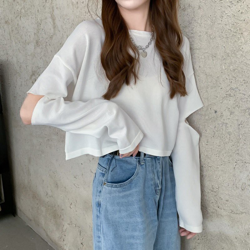 Áo thun croptop rách tay form rộng màu trơn cá tính trẻ trung cho nữ AE11