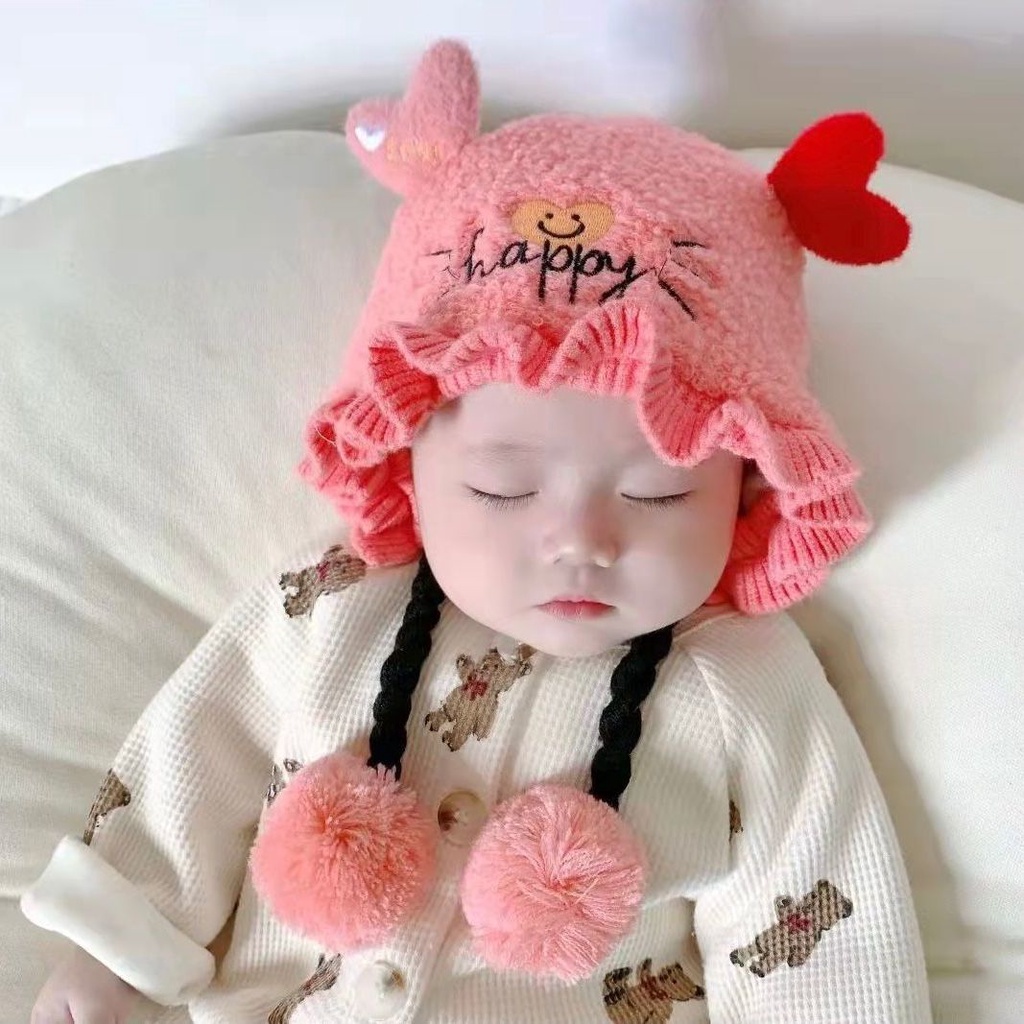 Mũ Len Trùm Đầu Kèm Tóc Giả Dày Dặn Giữ Ấm Tai Cho Bé