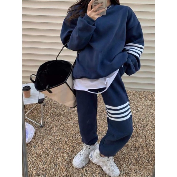 Bộ Nỉ Kẻ Vạch Ngang Nữ [FREESHIP]  Set quần bo gấu kèm áo sweater thể thao kiểu dáng hoodie cá tính Ulzzang