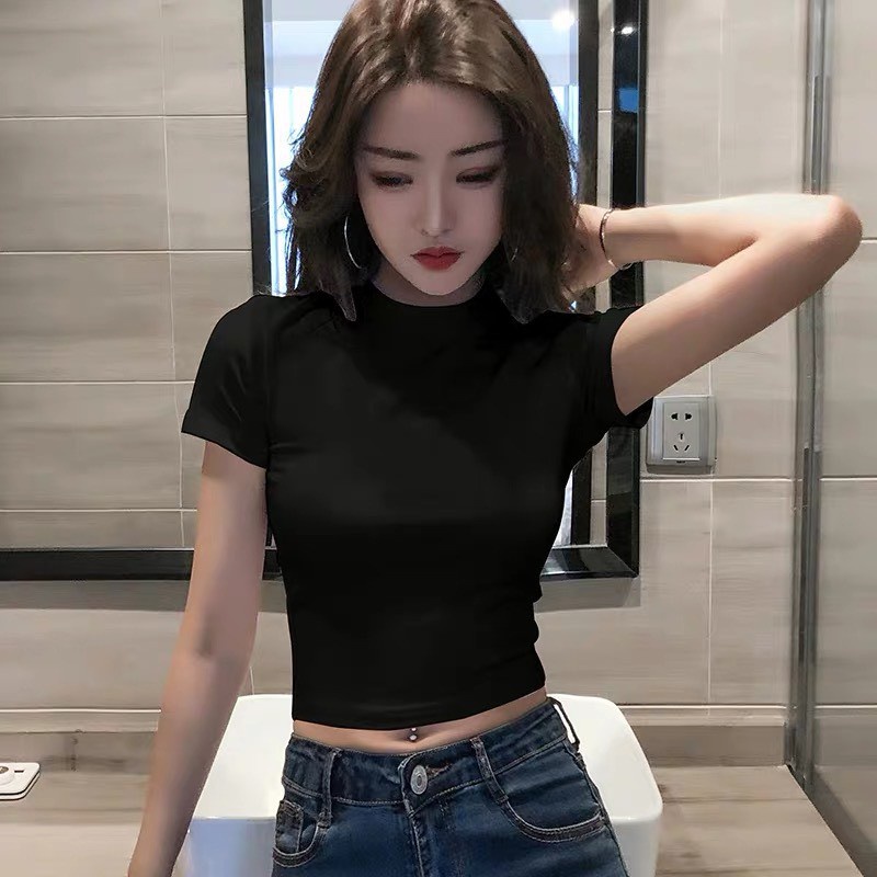 Áo Croptop Tay Ngắn Cổ Cao 3cm Ôm Body Sexy Dáng Trơn Basic Dễ Phối Đồ Full 2 Màu Đen Trắng PIGIStore Mã 15