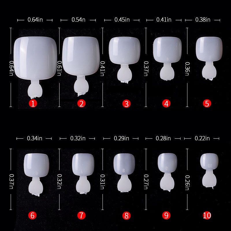 Móng úp chân hsm Yapas nail 500 cái 2 màu đục trong đủ 10 size, túi móng giả chân gắn dán chuẩn phom hàn nhựa abs