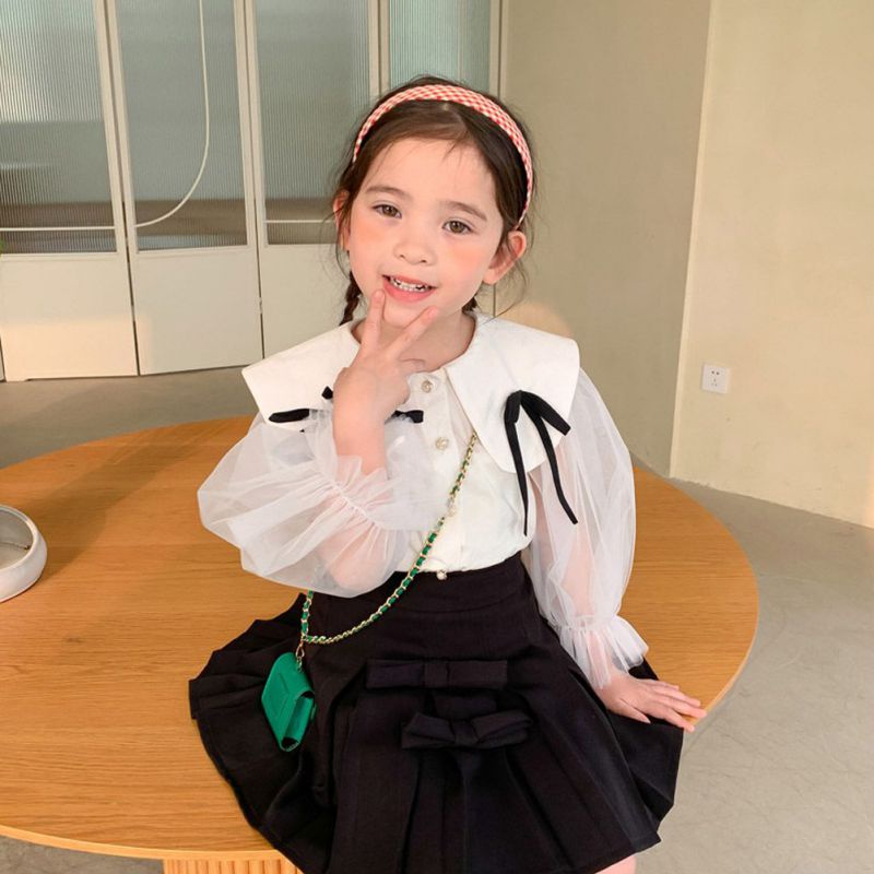 Áo Sơ Mi Trắng Cổ Búp Bê Đính Nơ Xinh Xắn Cho Bé Gái