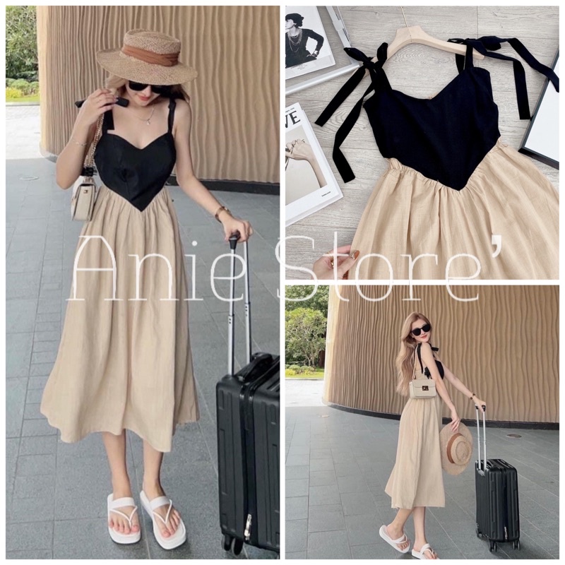 Đầm Maxi 2 Dây Ngực Trái Tim Lưng Chun 🦋 Váy Nữ Dáng Dài Vải Đũi Phối Màu 🦋