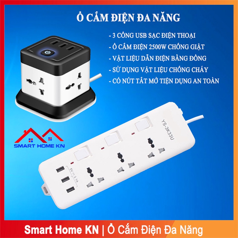 ổ cắm điện đa năng 3 chấu thông minh có cổng usb sạc nhanh điện thoại chịu tải 2500w an toàn chống cháy chống giật