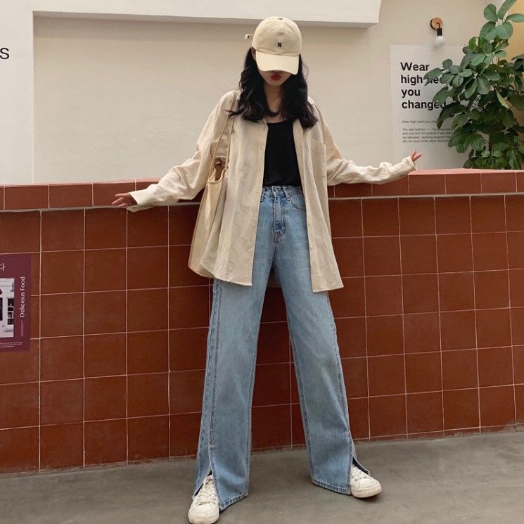 Quần jeans nữ lưng cao ống rộng xẻ tà cá tính