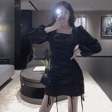 [MURIOKI] Đầm Chữ A Tay Dài Cổ Vuông Màu Trắng Đen Phối Dây Rút Phong Cách Hàn Quốc Quyến Rũ Cho Nữ