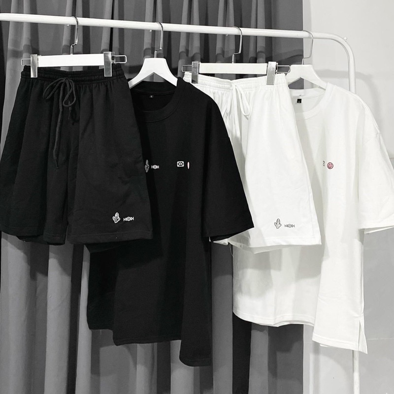 Đồ bộ ngắn thun cotton cao cấp thêu hoạ tiết 2 màu trắng - đen, hình thật chụp tại Boin Unisex