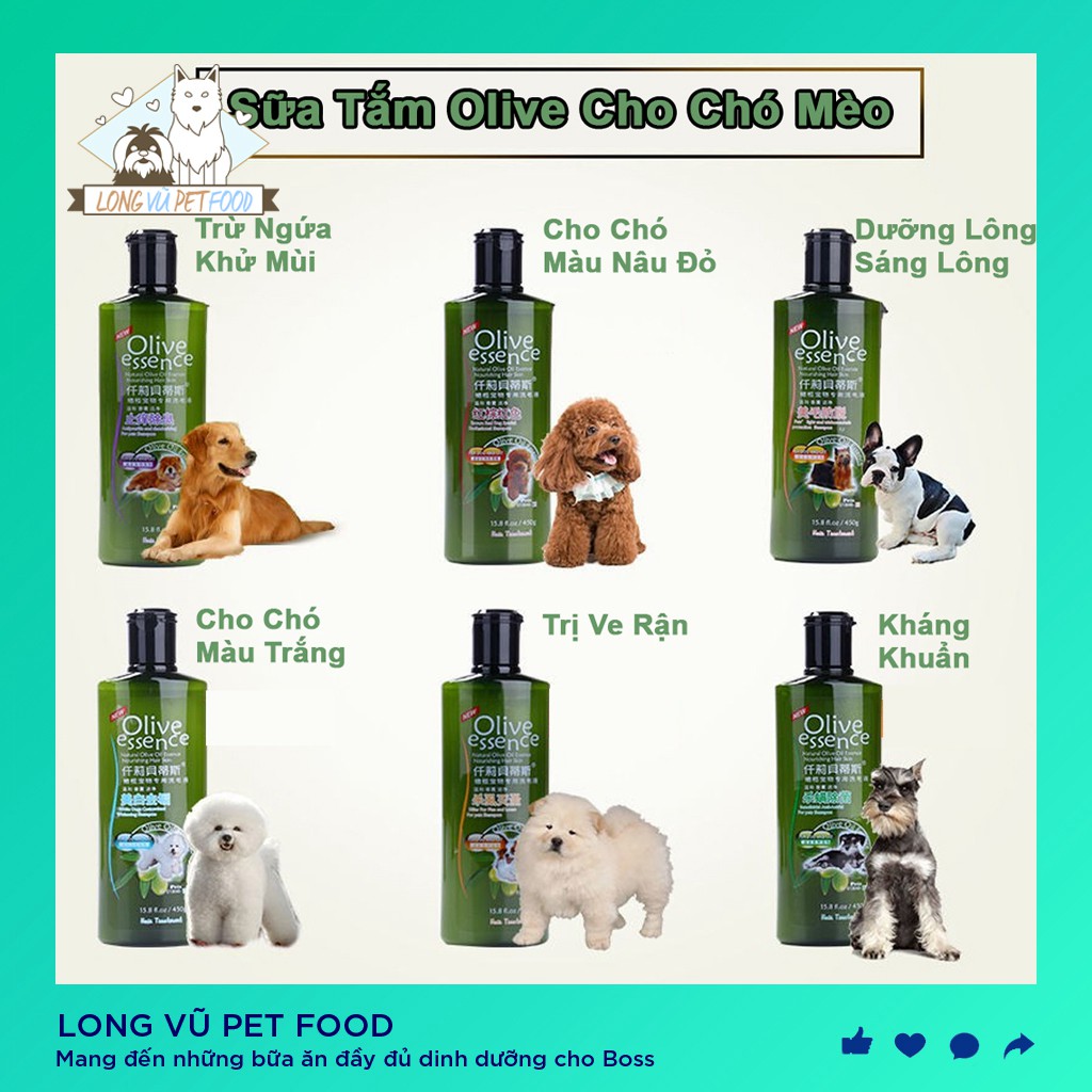 Sữa tắm cho chó loại trị ve rận tinh dầu oliu olive essence 450ml - sữa tắm chó mèo - Long Vũ Pet Food