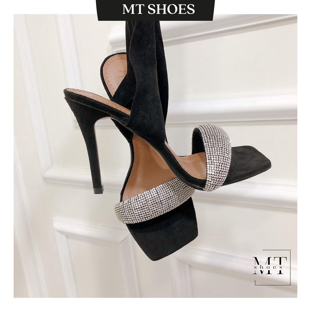 Giày Sandal dây quấn cao 9P chất da nỉ nhung cao cấp phối quai đá kiểu dáng sang chảnh - Giày cao gót chiến binh nữ