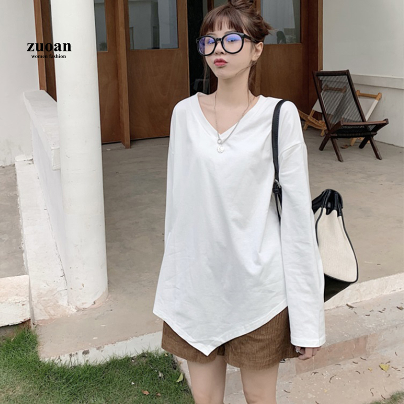 Áo thun SUXI tay dài vải cotton thiết kế lệch tà độc đáo thời trang mùa thu