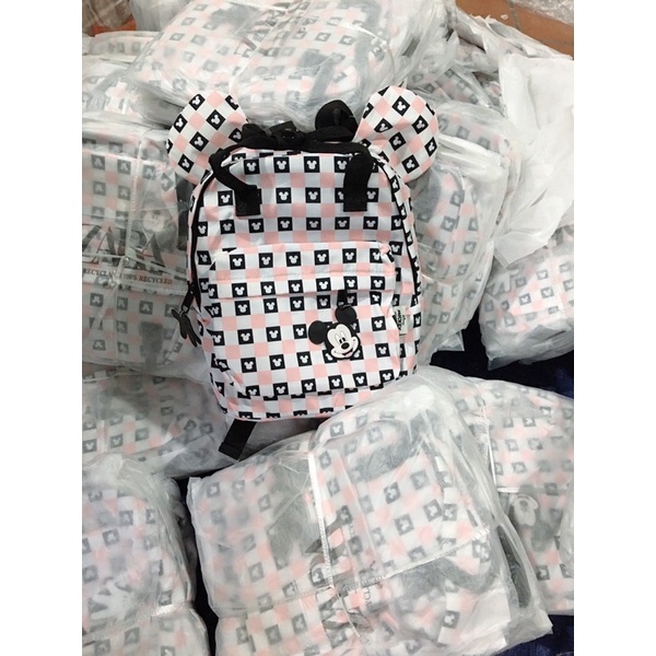 Balo zara mickey hoạ tiết caro hồng cho bé hàng xuất chuẩn tag