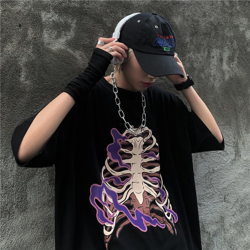 Áo Thun Tay Ngắn Dáng Rộng In Hình Đầu Lâu Phong Cách Harajuku Hàn Quốc Thời Trang Mùa Hè 2022 Mới