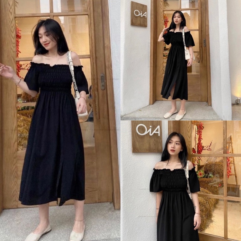 ĐẦM RUMA DRESS XẺ TÀ FROM DÀI MÀU ĐEN - ĐẦM XOÈ NHẸ PHẦN TRÊN NHÚN BO CHUN ( kèm ảnh thật )