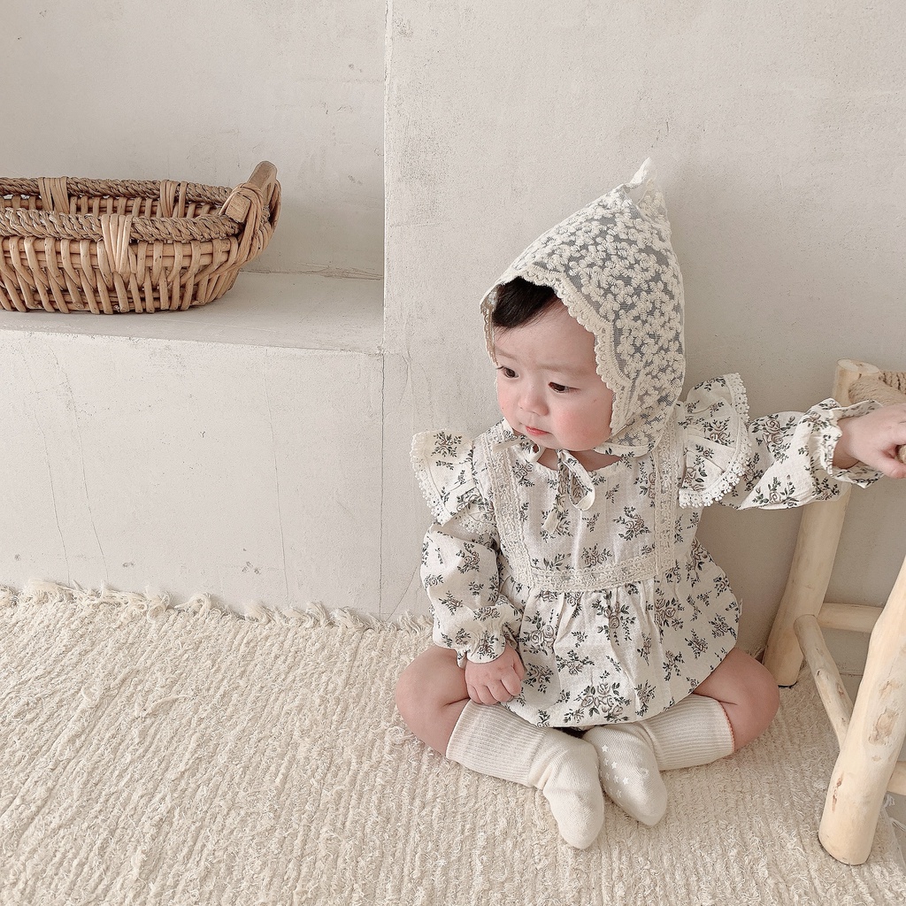 Bộ Áo Liền Quần Tay Dài In Hoa + Mũ Ren Kiểu Công Chúa Thời Trang Xuân Thu Cho Bé Gái