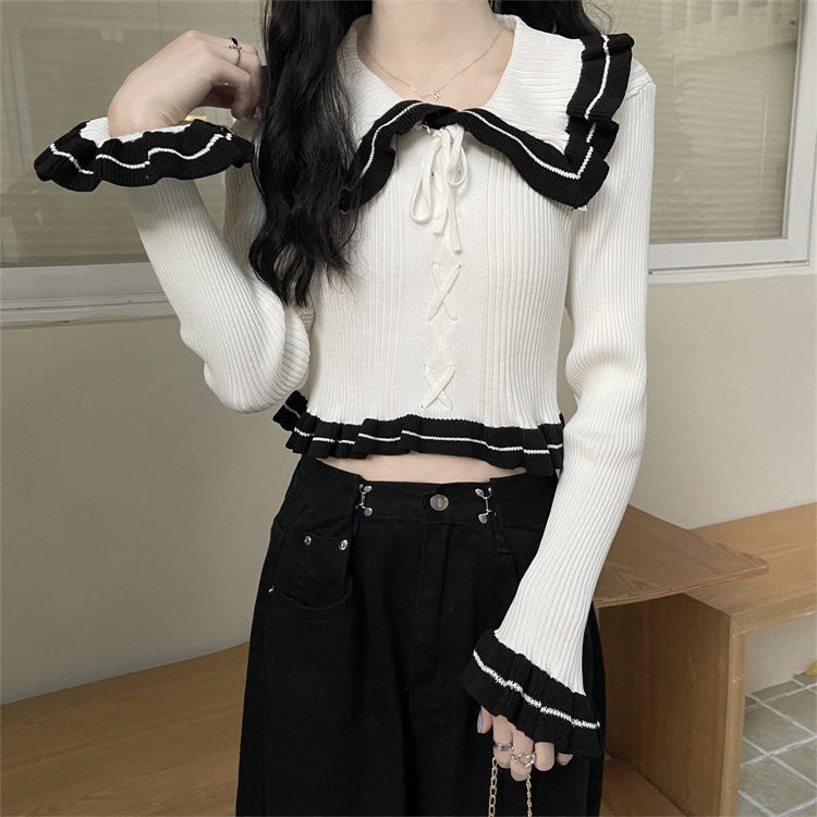 Áo sweater Dệt Kim Mỏng Tay Dài Cổ Búp Bê Xinh Xắn Cho Nữ edge