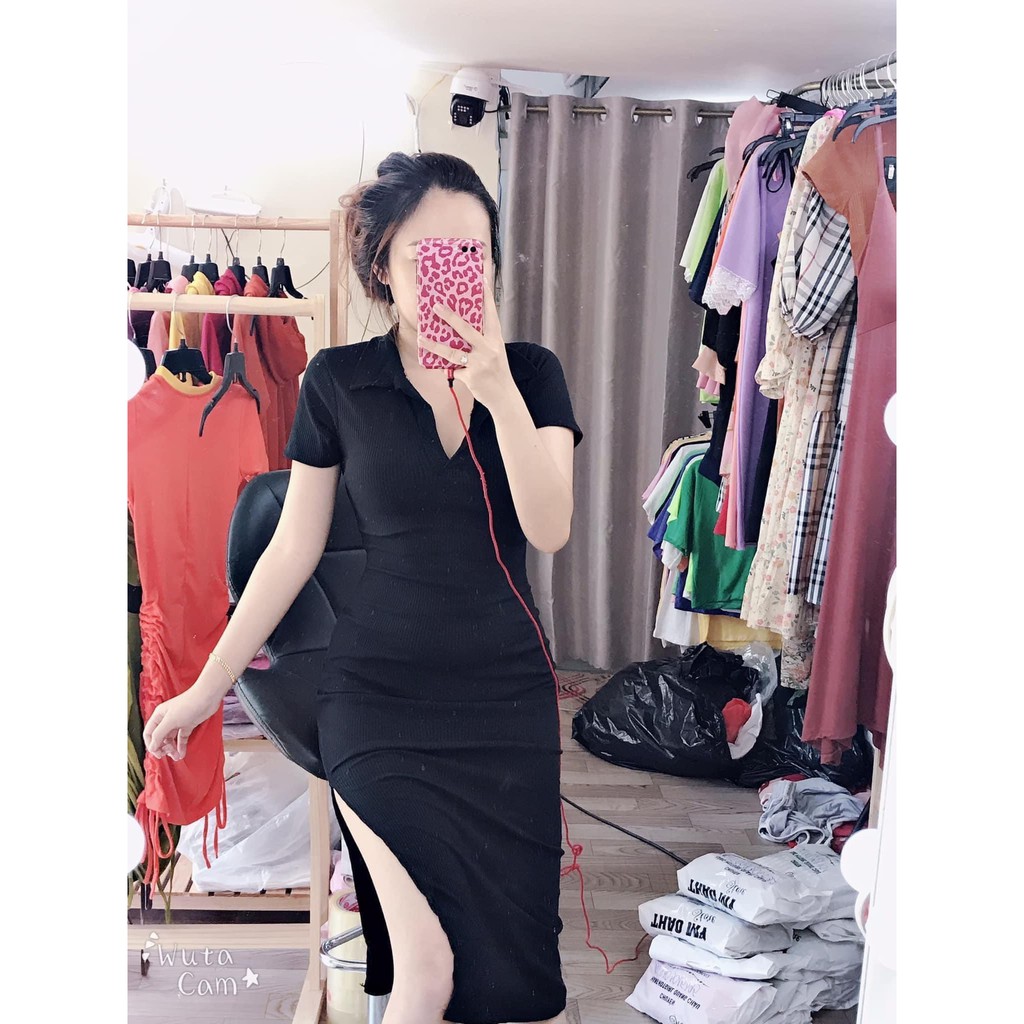 Đầm body tv cổ bẻ tay ngắn hở lưng tiện lợi chất thun gân mịn hở lưng sexy