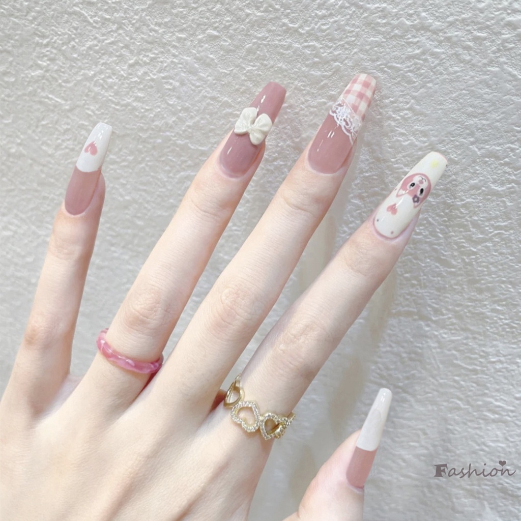 Bộ 24 Móng Tay Giả Đầu Nhọn Dài Đính Nơ &amp; Trái Tim