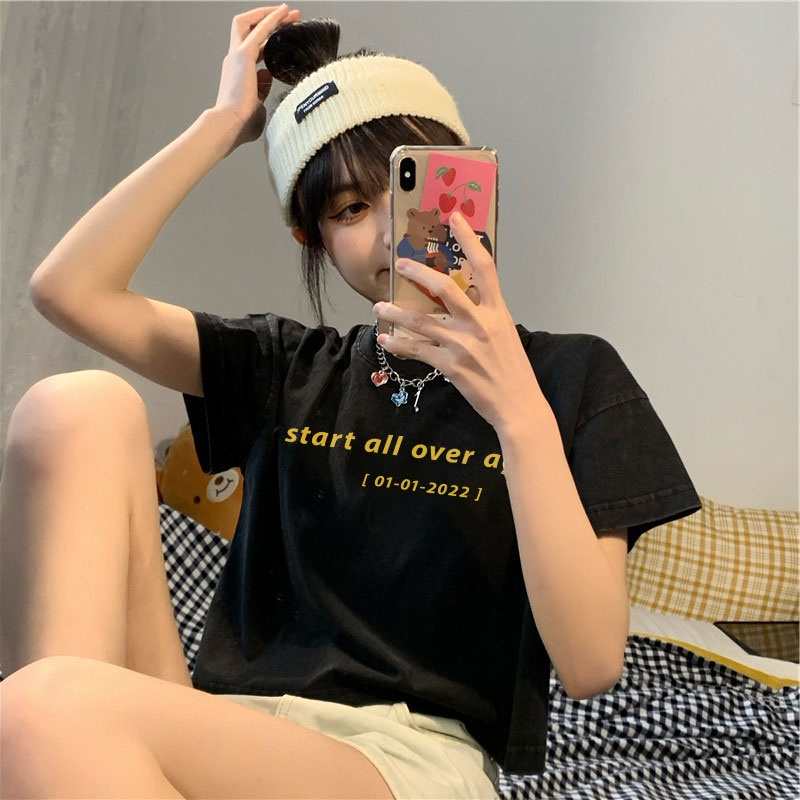 Áo Thun Crotop Form Rộng Unisex Tay Ngắn In Chữ START ALL OVER AGAIN Ulzzang Style Hàn Quốc TTT0147