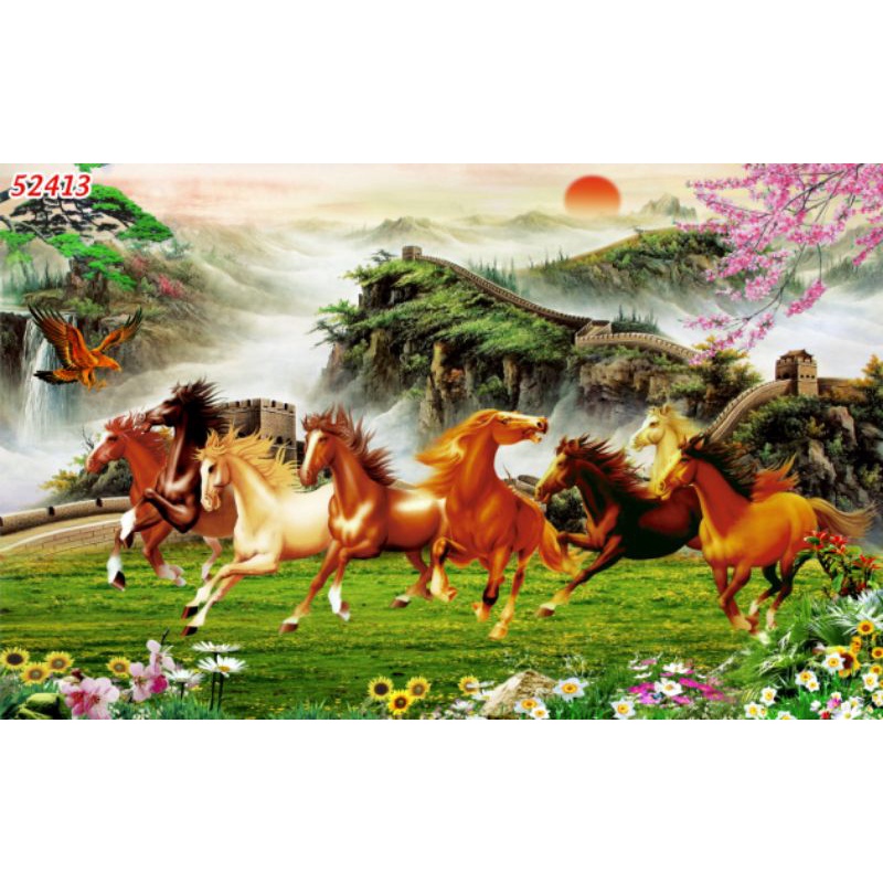 Tranh 3D dán tường phòng khách Mã Đáo Thành Công nhiều kích thước hình ảnh sắc nét