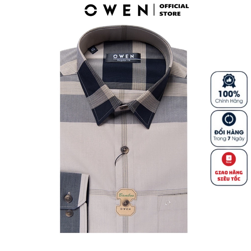 Áo Sơ Mi Nam Dài Tay OWEN AR220149DT Somi Công Sở  Vải Sợi Tre Cao Cấp Màu Kẻ Caro Be Đen Dáng Suông Tà Lượn Có Túi