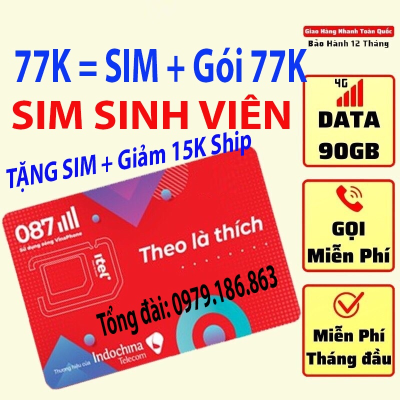 [Miễn phí tháng đầu] Sim 4G itel Mạng Vinaphone Gói May -Data 90Gb (3Gb/ngày) - Gọi Miễn Phí +60 SMS - Sim 4G Giá Rẻ