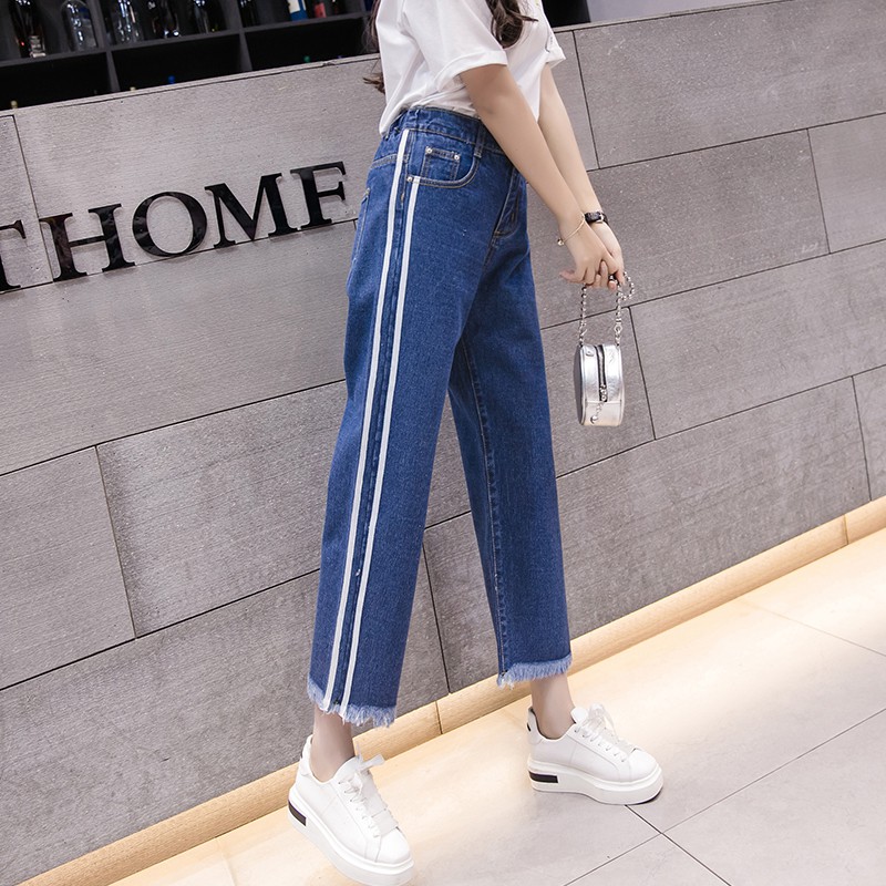 Quần Jeans Nữ Ống Rộng Phối Sọc Cao Cấp OHS3042