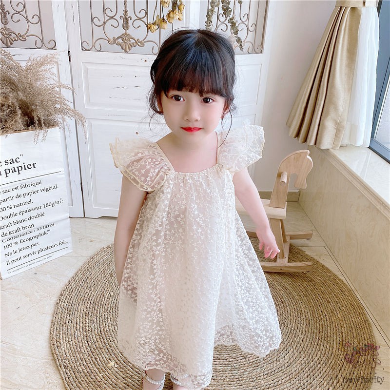 Đầm Công Chúa Sát Nách Phối Lưới Thêu Hoa Phong Cách Hàn Quốc Cho Bé Gái