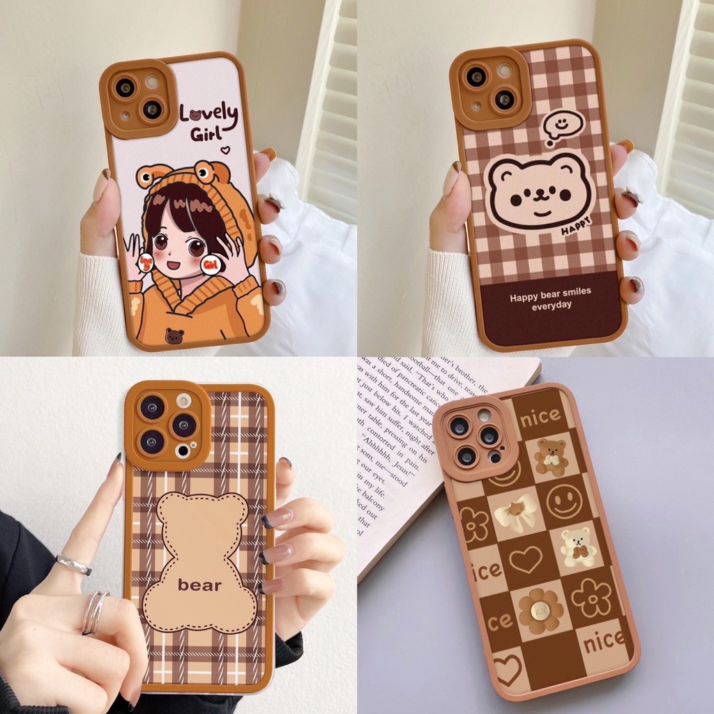 Ốp lưng iphone đẹp Trend cạnh vuông viền nổi lỗ Gấu hoa BVC