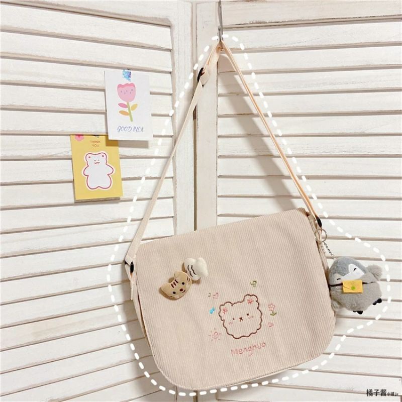 Túi đeo vai đeo chéo vải nhung gân hình gấu thêu ulzzang - GẤU CHÉO 2