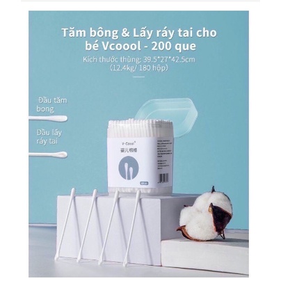 TĂM BÔNG VCOOL HỘP 200 CHIẾC LÀM SẠCH VÙNG MẮT, TAI, MŨI CHO BÉ