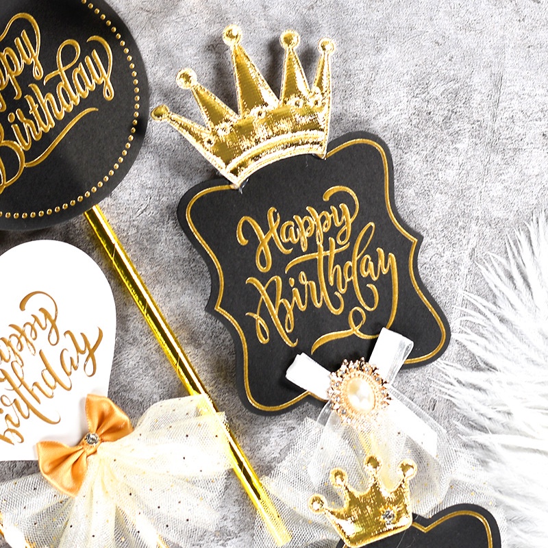 Topper Cắm Trang Trí Bánh Kem Hình Vương Miện Chữ Happy Birthday