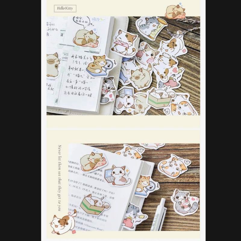 STICKER Mèo híp đáng yêu hộp 45 miếng dán trang trí sổ tay, lịch, ốp lưng điện thoại, laptop - S18
