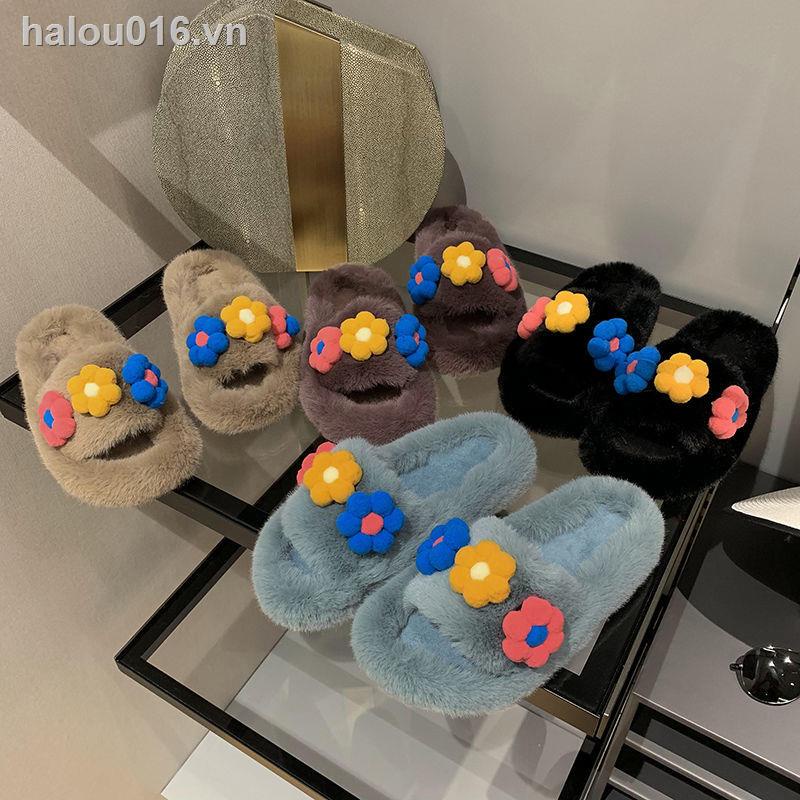Đôi dép bông đi trong nhà đế bằng đính hoa thời trang mùa đông 2020 cho nữ