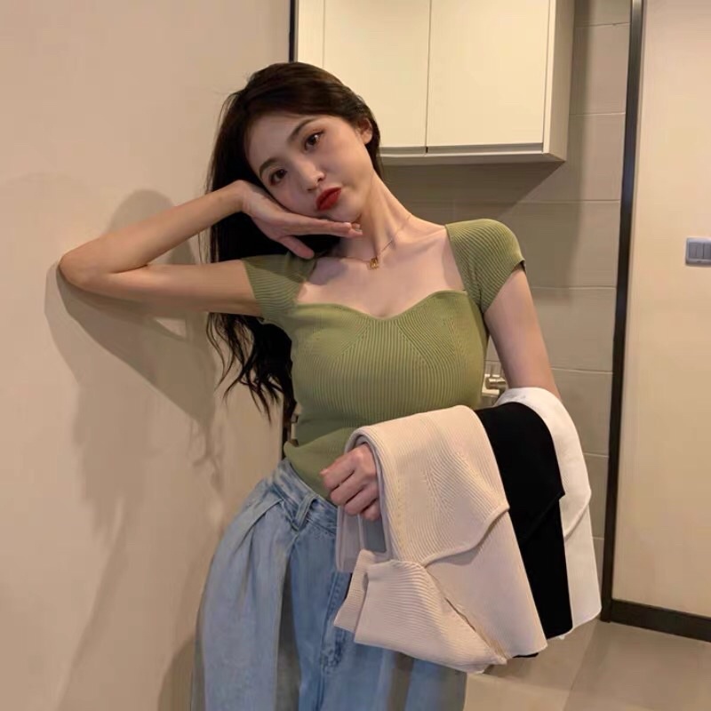 Áo Len Ngắn Tay Lượn Viền Chất Co Giãn