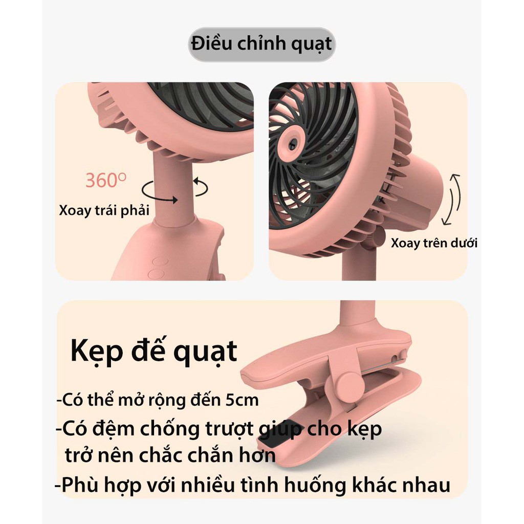 Quạt mini tích điện phun sương - quạt điều cầm tay để bàn hoặc kẹp - sạc USB có 3 chế độ tiện lợi