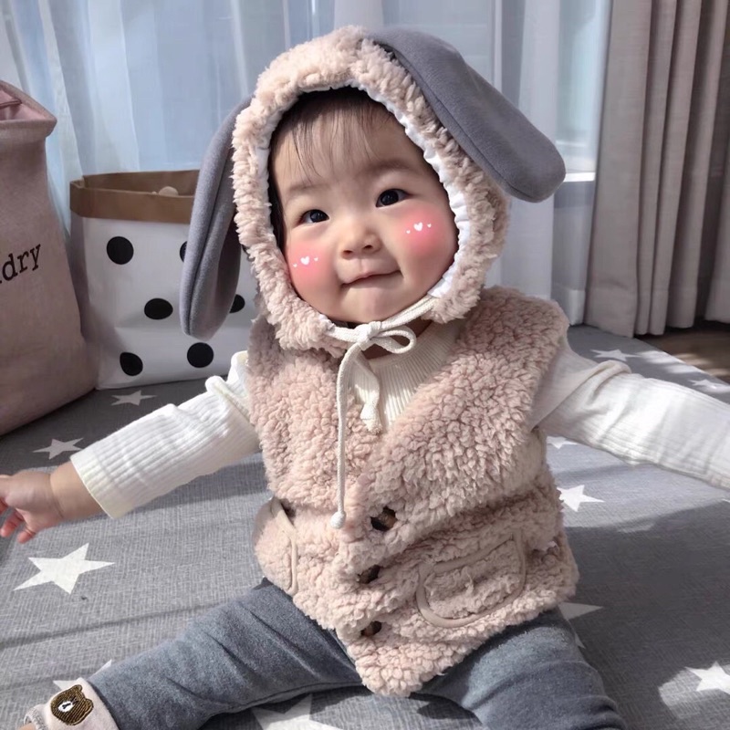 [Bunny Gilet] Gi lê thỏ trắng, gilet sơ sinh lông cừu ấm áp cho bé gái và bé trai từ 0-24 tháng