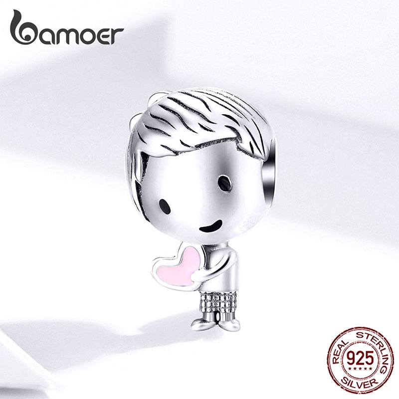 Hạt phụ kiện Bamoer bằng bạc 925 thiết kế hình bé gái/bé trai dùng làm trang sức tiện dụng