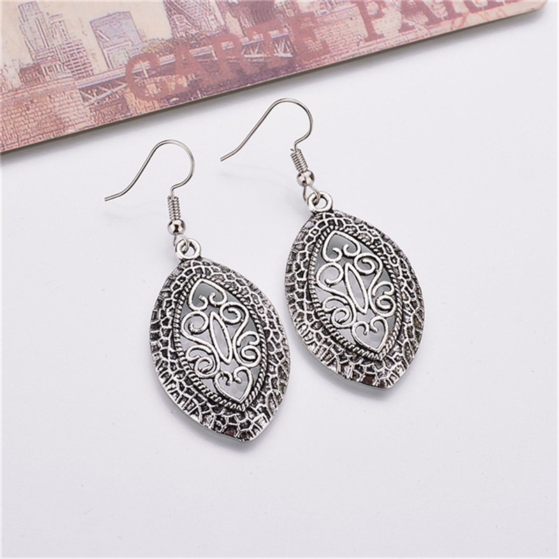 Women Simple Jewelry Bohemia Fashion Silver Hollow Carved Water Drop Earrings Gift