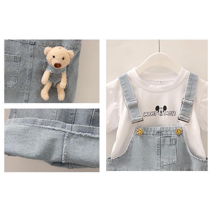 Set Áo Thun Ngắn Tay In Hình Gấu + Chân Váy Yếm denim Dễ Thương Cho Bé Gái
