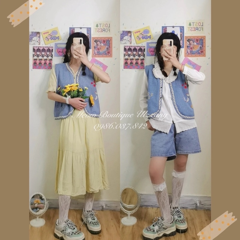 Áo gile jeans thêu đáng yêu viền ren có túi trước phong cách ulzzang retro kèm ảnh thật