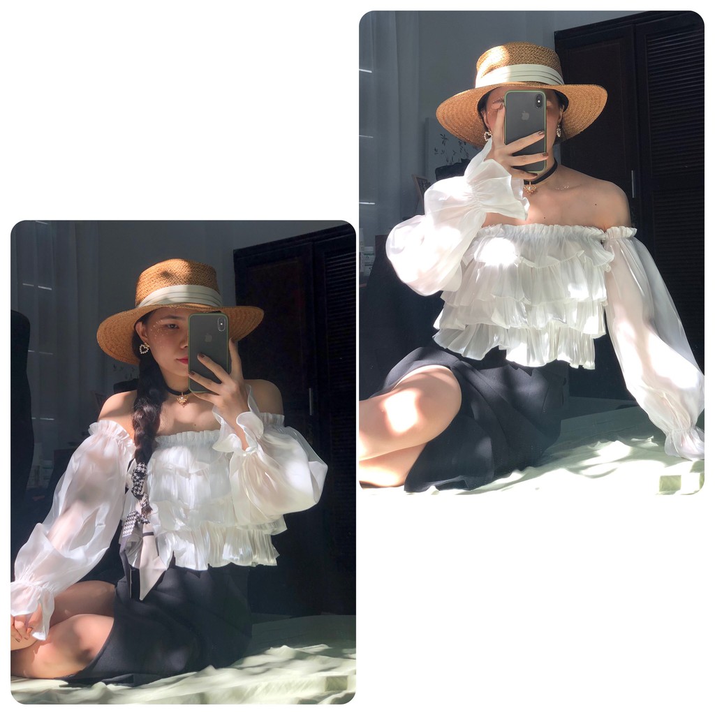 Áo kiểu dáng croptop trễ vai tay dài mặc được 2 kiểu phần lưng bo chun 2 màu đen và trắng JKAY TOP