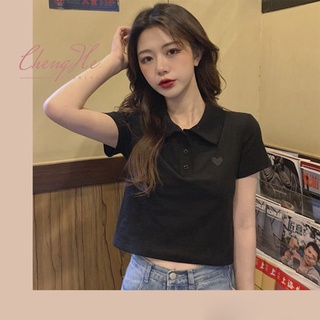 (SẴN) Áo croptop polo dáng lửng form rộng thêu trái tim basic đơn giản đi học cộc tay học sinh cổ v A00112