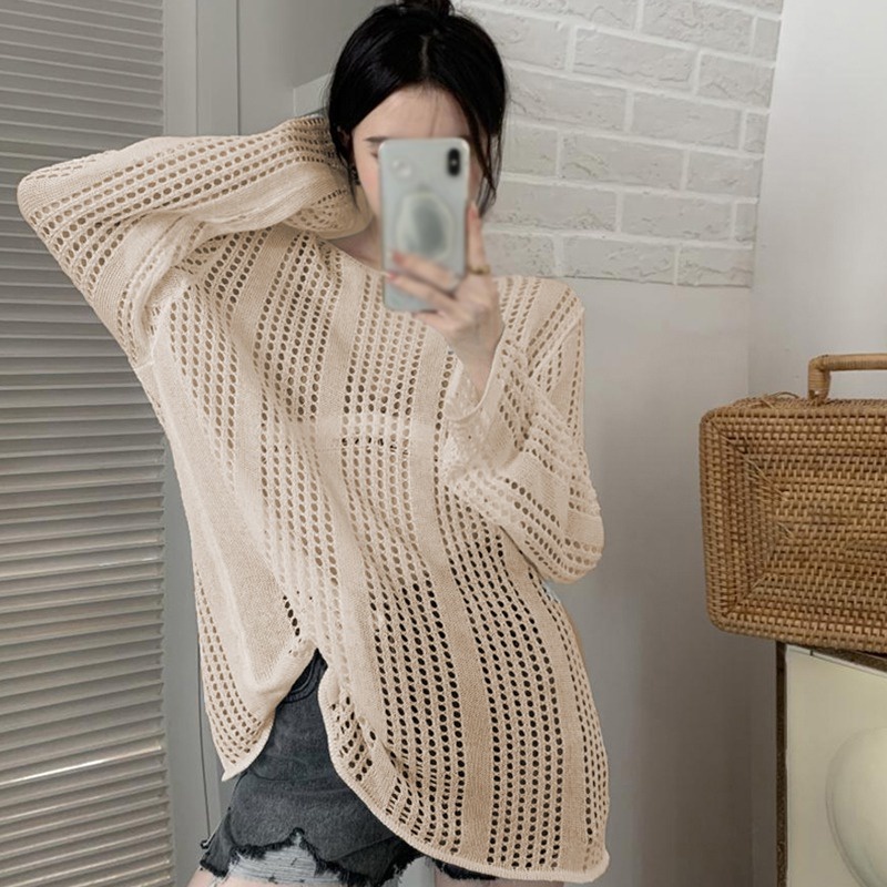 Áo Dệt Kim Nữ Tay Dài Cổ Tròn Màu Sắc Thanh Lịch