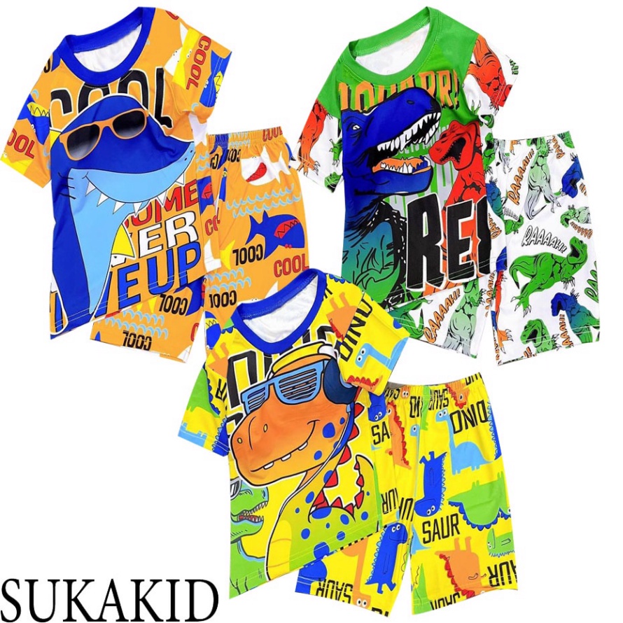 ( Chuyên sỉ lẻ Quần áo trẻ em ) Bộ đô bé trai in chuyển nhiệt 3D chất liệu thoáng mát co giãn 4 chiều hình khủng long xa